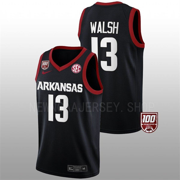 Mens Youth Arkansas Razorbacks #13 Jordan Walsh College Basketball Game Jersey Black
