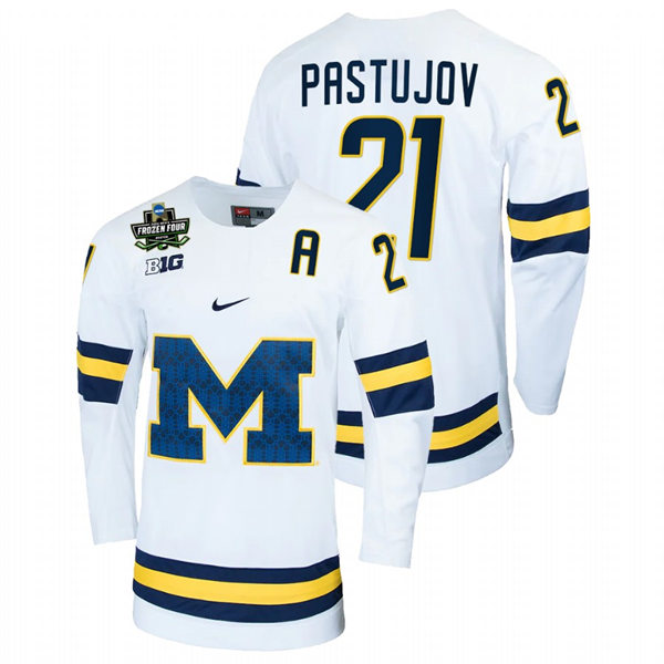 Mens Michigan Wolverines #21 Michael Pastujov Nike White Big M College Hockey Game Jersey