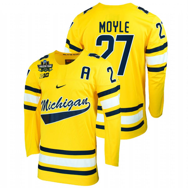 Mens Michigan Wolverines #27 Nolan Moyle Nike Maize College Hockey Game Jersey