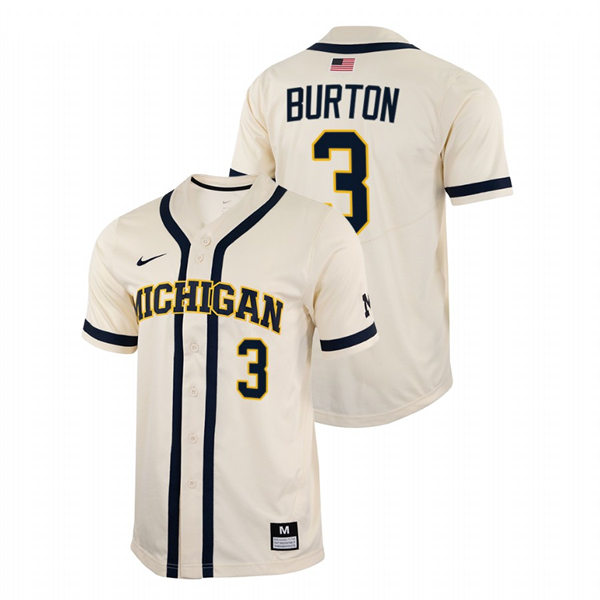 Mens Youth Michigan Wolverines #3 Ted Burton Nike 2022 Natural College Baseball Limited Jersey