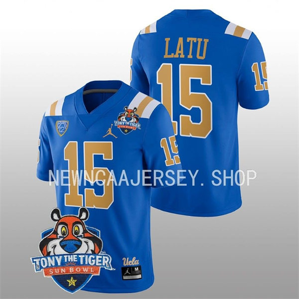 Mens UCLA Bruins #15 Laiatu Latu Blue College Football 2022 Tony The Tiger Sun Bowl Game Jersey