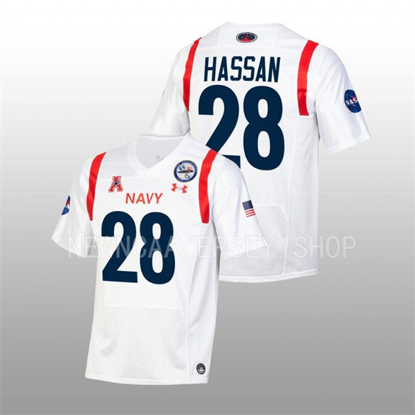 Mens Youth Navy Midshipmen #28 Amin Hassan 2022 White astronaut-themed alternate Football Jersey
