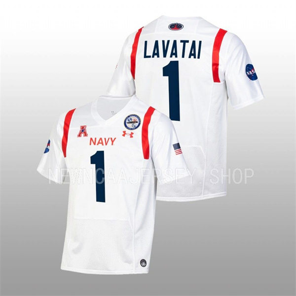 Mens Youth Navy Midshipmen #1 Tai Lavatai 2022 White astronaut-themed alternate Football Jersey