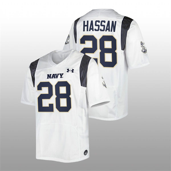 Mens Youth Navy Midshipmen #28 Amin Hassan 2022 White College Football Game Jersey