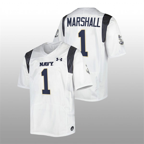 Mens Youth Navy Midshipmen #1 John Marshall 2022 White College Football Game Jersey