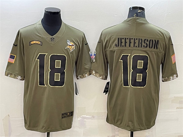 Men's Minnesota Vikings #18 Justin Jefferson 2022 Salute To Service Limited Jersey Olive 