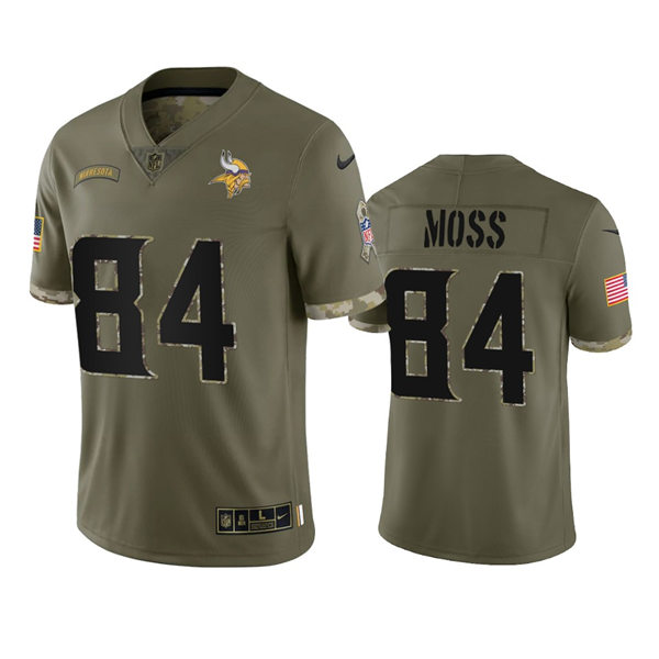 Men's Minnesota Vikings #84 Randy Moss Olive 2022 Salute To Service Jersey