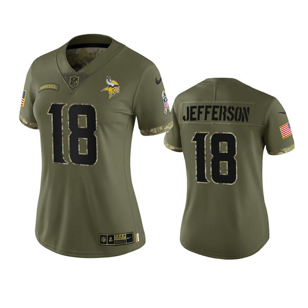Women's Minnesota Vikings #18 Justin Jefferson Olive 2022 Salute To Service Limited Jersey