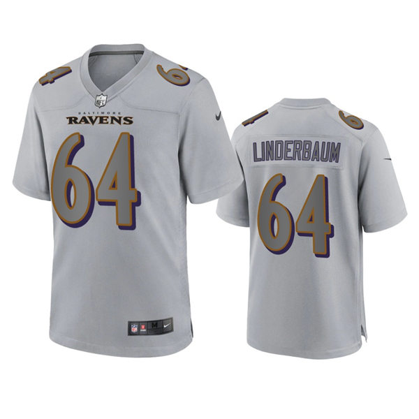Mens Baltimore Ravens #64 Tyler Linderbaum Gray Atmosphere Fashion Game Jersey