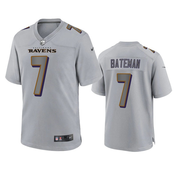 Mens Baltimore Ravens #7 Rashod Bateman Gray Atmosphere Fashion Game Jersey