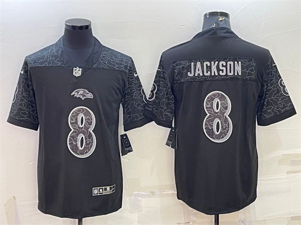 Mens Baltimore Ravens #8 Lamar Jackson Black Reflective Limited Jersey
