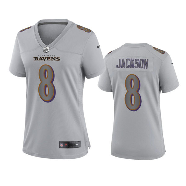 Women's Baltimore Ravens #8 Lamar Jackson Gray Atmosphere Fashion Game Jersey