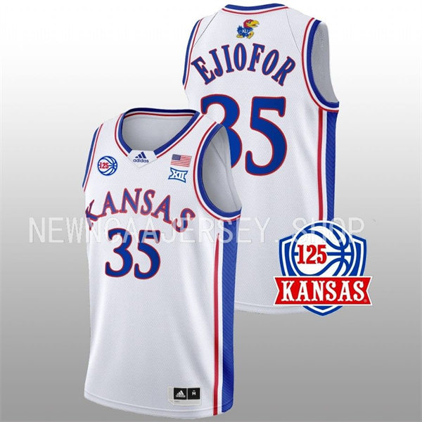 Mens Youth Kansas Jayhawks #35 Zuby Ejiofor 2022-23 White 125TH Anniversary Basketball Jersey