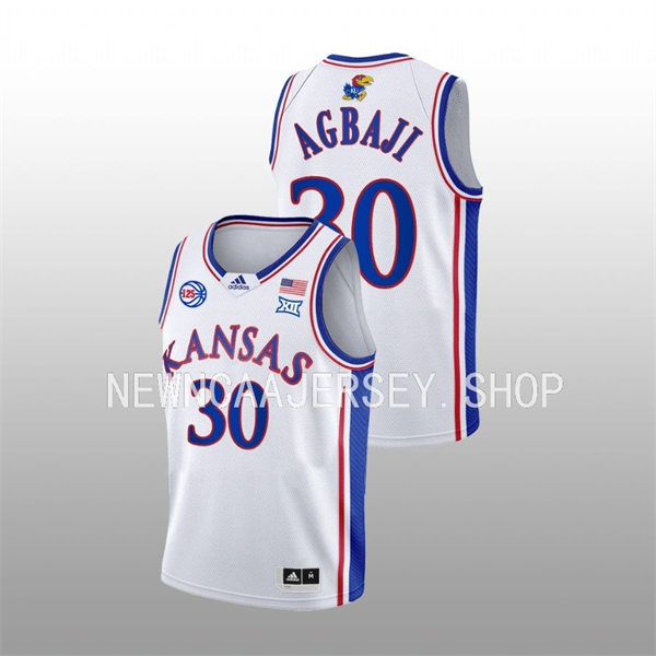 Mens Youth Kansas Jayhawks #30 Ochai Agbaji 2022-23 White 125TH Anniversary Basketball Jersey