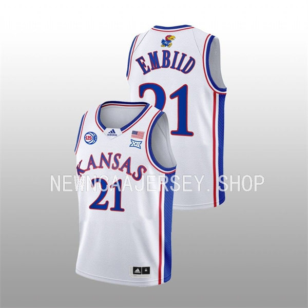 Mens Youth Kansas Jayhawks #21 Joel Embiid 2022-23 White 125TH Anniversary Basketball Jersey