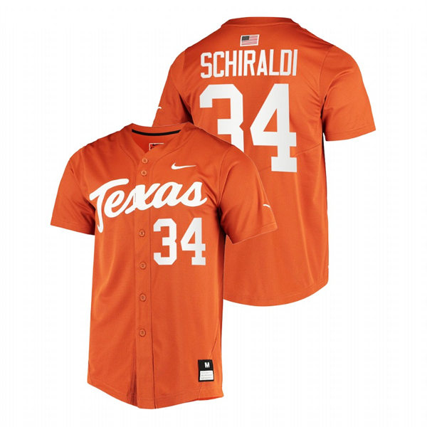 Mens Youth Texas Longhorns #34 Calvin Schiraldi Orange Replic College Baseball Limited Jersey