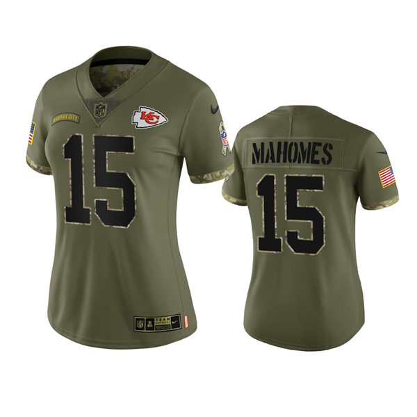 Women's Kansas City Chiefs #15 Patrick Mahomes Olive 2022 Salute To Service Limited Jersey
