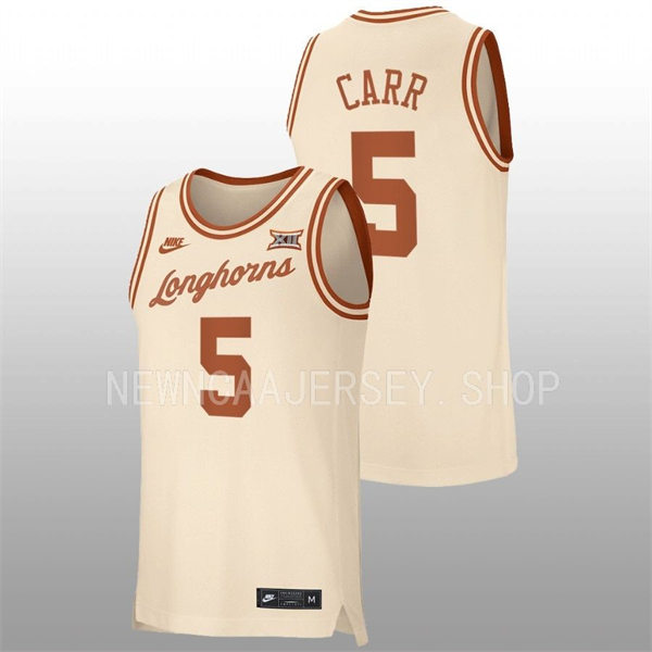 Men's Youth Texas Longhorns #5 Marcus Car Nike 2022 Cream Retro College Basketball Jersey