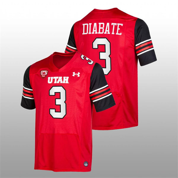 Mens Utah Utes #3 Mohamoud Diabate Red stripe Sleeves College Football Game Jersey