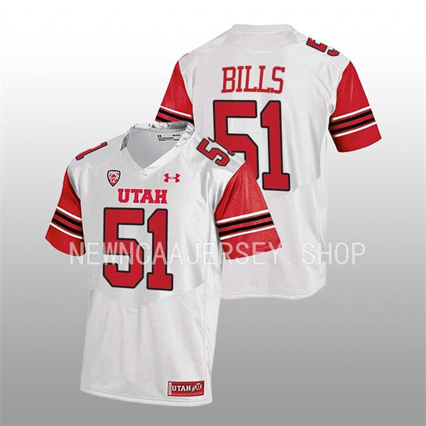 Mens Utah Utes #51 Keaton Bills White stripe Sleeves College Football Game Jersey