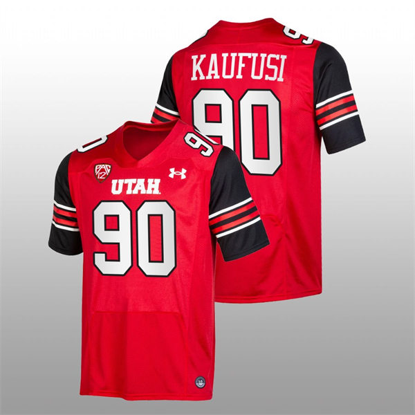 Mens Utah Utes #90 Devin Kaufusi Red stripe Sleeves College Football Game Jersey