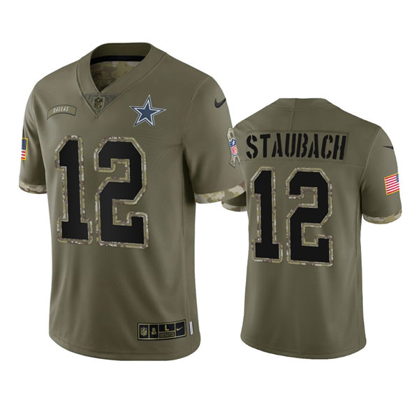Mens Dallas Cowboys #12 Roger Staubach Olive 2022 Salute To Service Limited Jersey