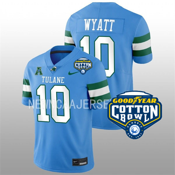 Mens Youth Tulane Green Wave #10 Shae Wyatt College Football 2022 Cotton Bowl Game Jersey Light Blue