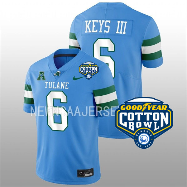 Mens Youth Tulane Green Wave #6 Lawrence Keys III College Football 2022 Cotton Bowl Game Jersey Light Blue