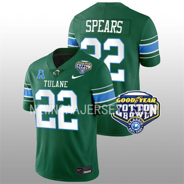 Mens Youth Tulane Green Wave #22 Tyjae Spears Green College Football 2022 Cotton Bowl Game Jersey