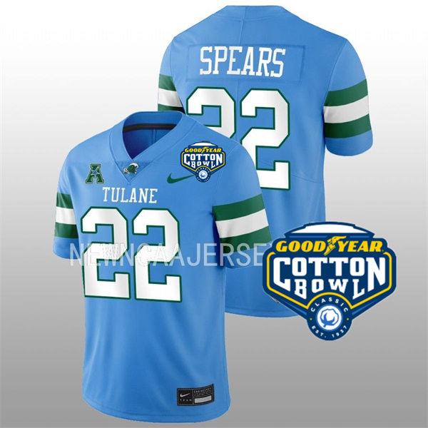 Mens Youth Tulane Green Wave #22 Tyjae Spears College Football 2022 Cotton Bowl Game Jersey Light Blue