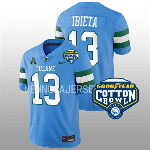 Mens Youth Tulane Green Wave #13 Justin Ibieta College Football 2022 Cotton Bowl Game Jersey Light Blue
