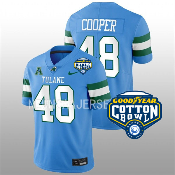 Mens Youth Tulane Green Wave #48 Keith Cooper College Football 2022 Cotton Bowl Game Jersey Light Blue