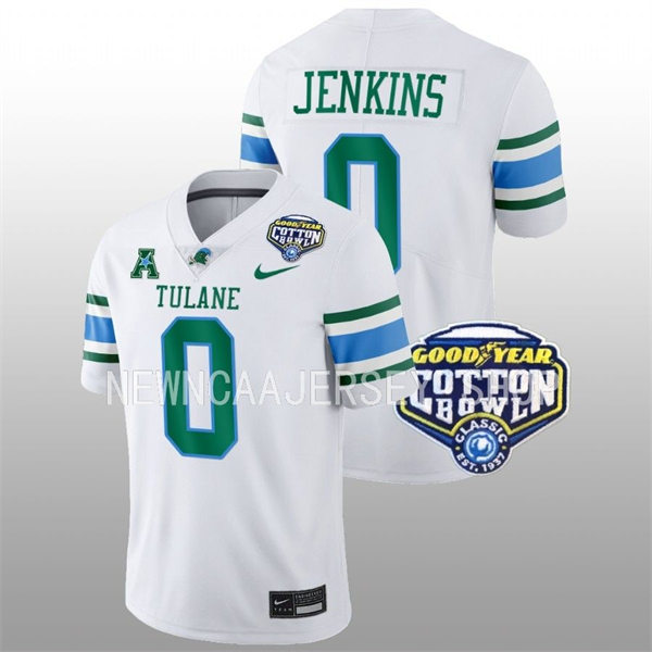 Mens Youth Tulane Green Wave #0 Patrick Jenkins College Football 2022 Cotton Bowl Game Jersey White