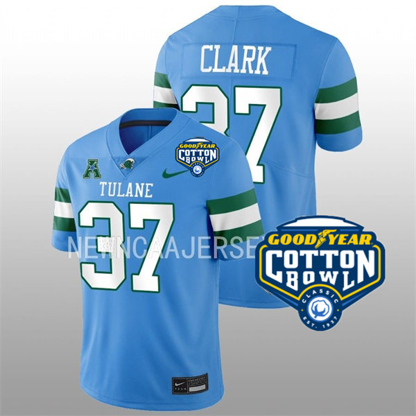 Mens Youth Tulane Green Wave #37 Macon Clark College Football 2022 Cotton Bowl Game Jersey Light Blue