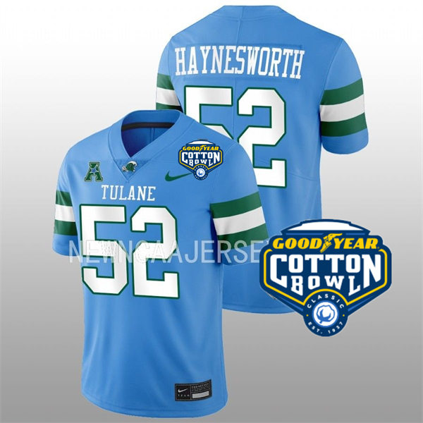 Mens Youth Tulane Green Wave #52 Sincere Haynesworth College Football 2022 Cotton Bowl Game Jersey Light Blue