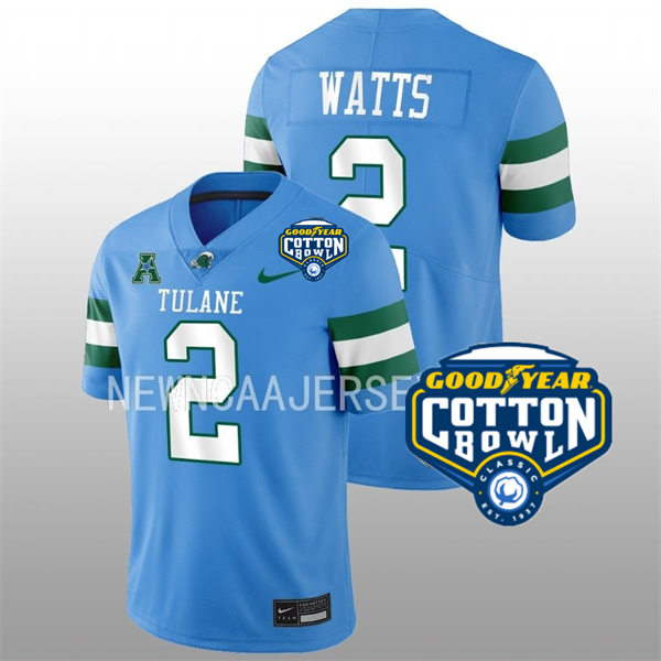 Mens Youth Tulane Green Wave #2 Duece Watts College Football 2022 Cotton Bowl Game Jersey Light Blue