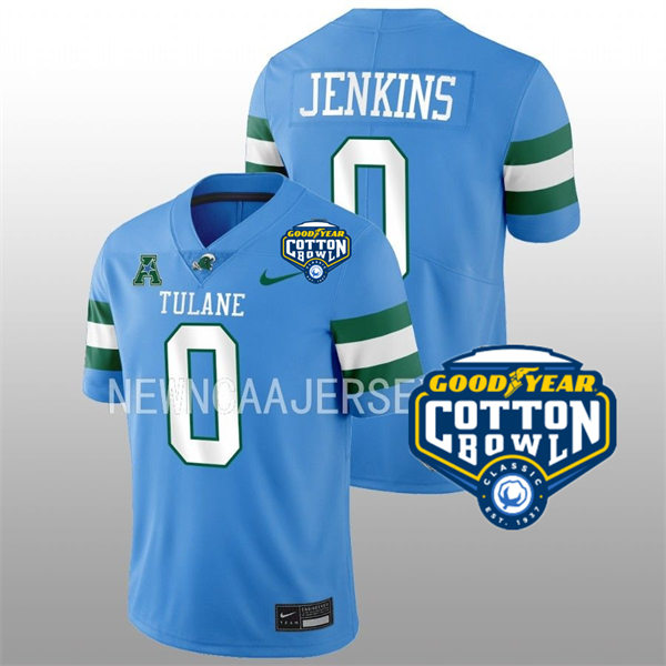Mens Youth Tulane Green Wave #0 Patrick Jenkins College Football 2022 Cotton Bowl Game Jersey Light Blue