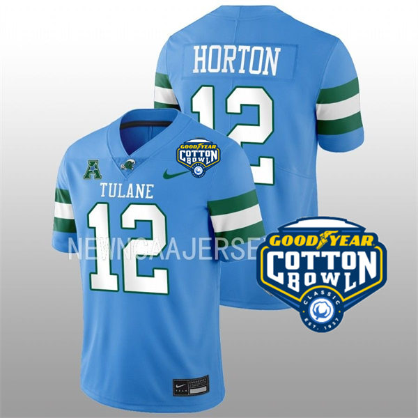 Mens Youth Tulane Green Wave #12 Kai Horton College Football 2022 Cotton Bowl Game Jersey Light Blue