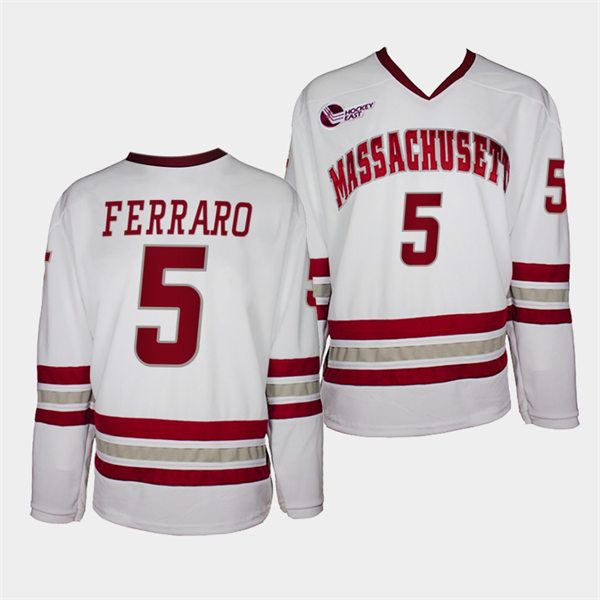Mens Massachusetts Minutemen #5 Mario Ferraro White Adidas College Hockey Game Jersey