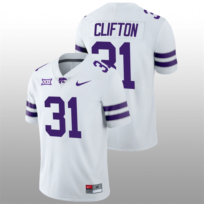 Mens Youth Kansas State Wildcats #31 Jake Clifton White College Football Game Jersey