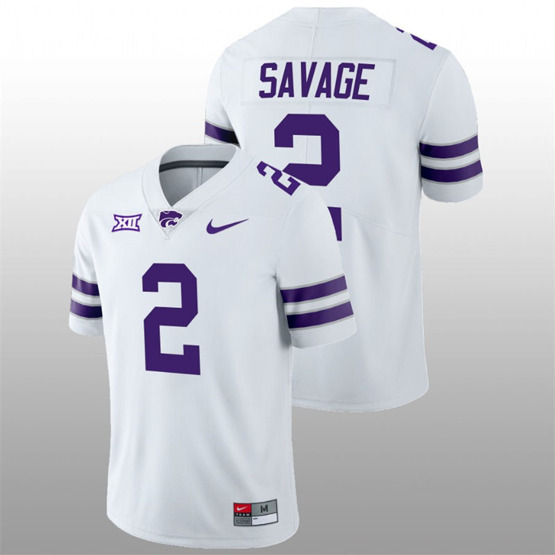 Mens Youth Kansas State Wildcats #2 Kobe Savage White College Football Game Jersey