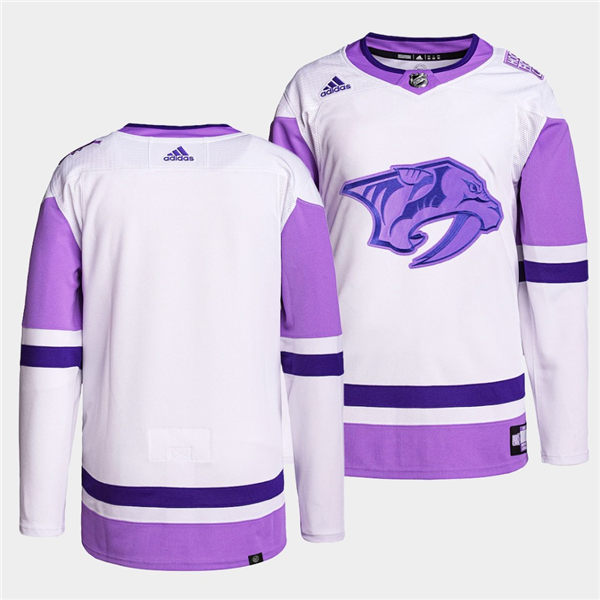 Mens Nashville Predators Blank White Purple Hockey Fights Cancer Primegreen  Jersey 