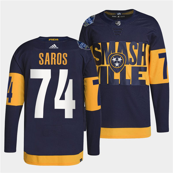 Men's Nashville Predators #74 Juuse Saros Adidas Navy Stitched 2022 Stadium Series Jersey