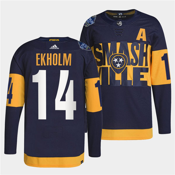 Men's Nashville Predators #14 Mattias Ekholm Adidas Navy Stitched 2022 Stadium Series Jersey