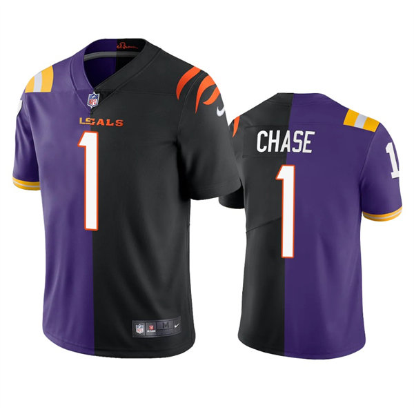 Men's Cincinnati Bengals LSU Tigers Mix #1 Ja'Marr Chase Nike Purple Black Split Two Tone Jersey