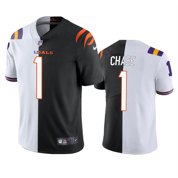 Men's Cincinnati Bengals LSU Tigers Mix #1 Ja'Marr Chase Nike White Black Split Two Tone Jersey