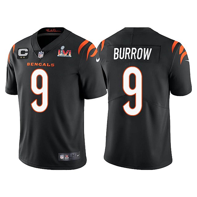 Men's Cincinnati Bengals #9 Joe Burrow Jersey with Captain C patch Black Home Vapor Limited Jersey