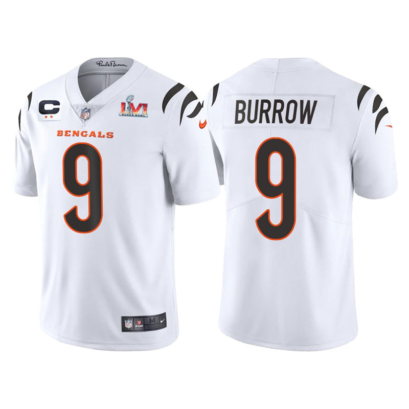 Men's Cincinnati Bengals #9 Joe Burrow Jersey with Captain C patch White Away Vapor Limited Jersey