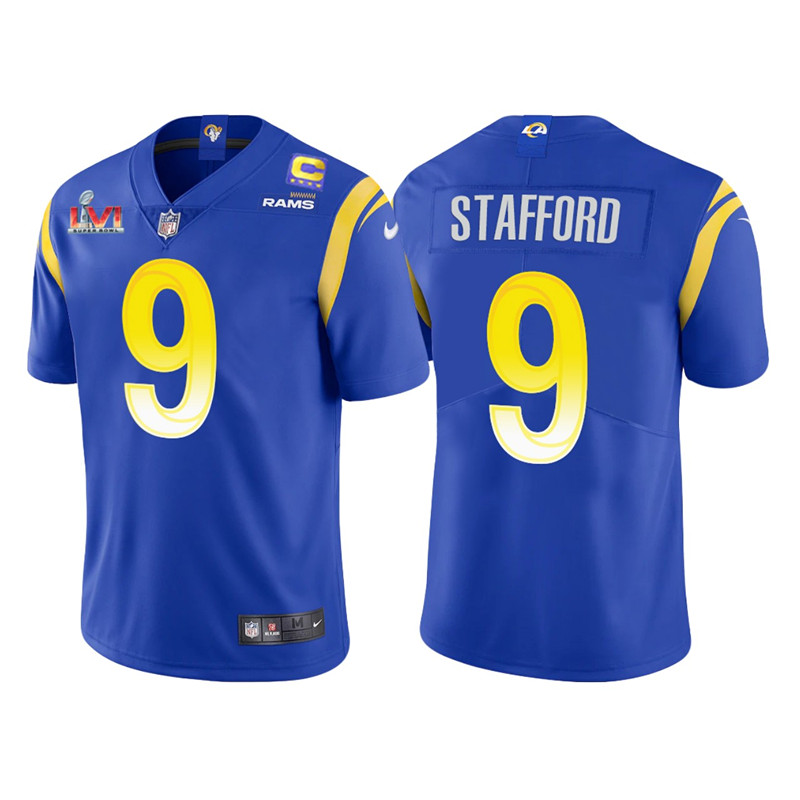 Mens Los Angeles Rams #9 Matthew Stafford Jersey with Captain C patch Royal Vapor Untouchable Limited Jersey