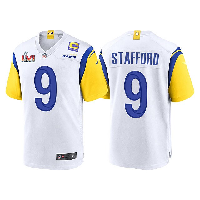 Mens Los Angeles Rams #9 Matthew Stafford Jersey with Captain C patch 2021 White Modern Throwback Vapor Limited Jersey